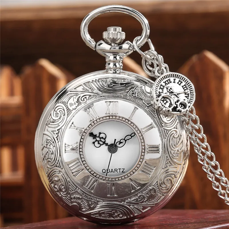 Zilveren Horloge Gesneden Romeinse nummer Case Mannen Dames Quartz Pocket Clock Trui Ketting Arabische Cijfer Kies Gift
