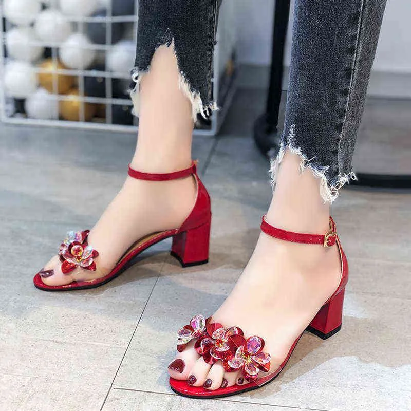 Sandalen Kristall Blume Luxus Frauen Sommer 2022 Quadratische Fersen Transparente PVC Schuhe Frau Gold Ankle Strap Sandalia 40 220419