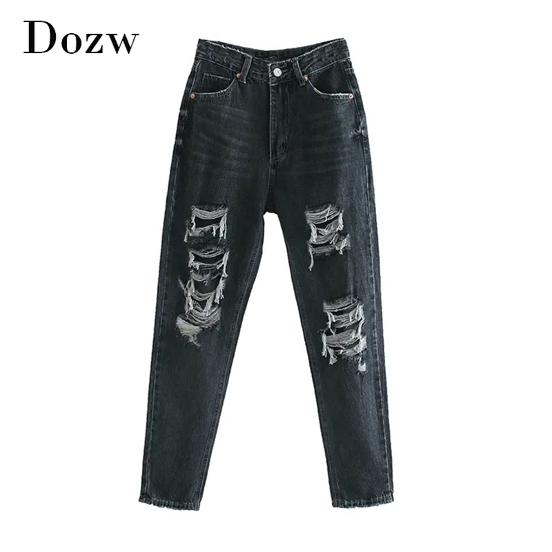 Jeans vintage con buco strappato per donna Pantaloni a matita da donna a vita alta moda Tasche streetwear Mom Jean Femme 210515