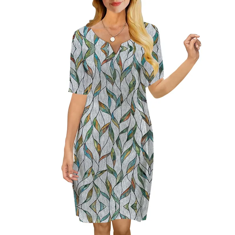 Women Dress Long green Vine 3D Printed VNeck Loose Casual Short Sleeve Shift Dress for Female Dresses Prairie Chic Style 220616