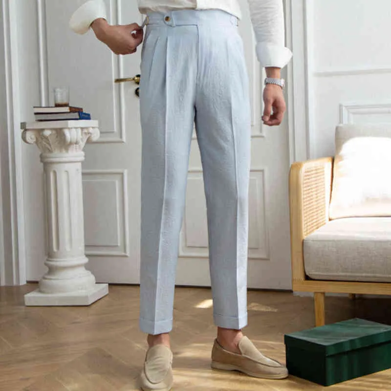 Летние прямые брюки из хлопчатобумажного хлопка с высокой талией в британском стиле «мелкая буржуазия» в синюю полоску, итальянские повседневные брюки, мужские брюки L220702281t