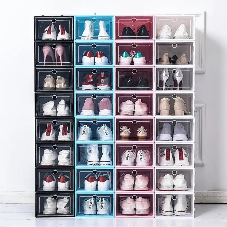 Espalhar caixa de sapatos de plástico Clear Powsproof Shoe Storage-Boxes Transparent Flip Candy Candy Color Shoes empilhável Caixas de organizador de transferência SN4293