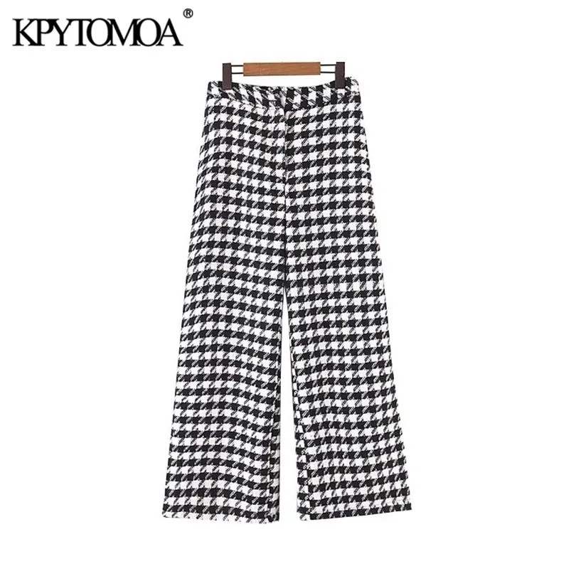 Vintage Stylish Office Wear Houndstooth Straight Pants Women Fashion High midja dragkedja Fly Pocket Ladies Ankle Trousers 201113