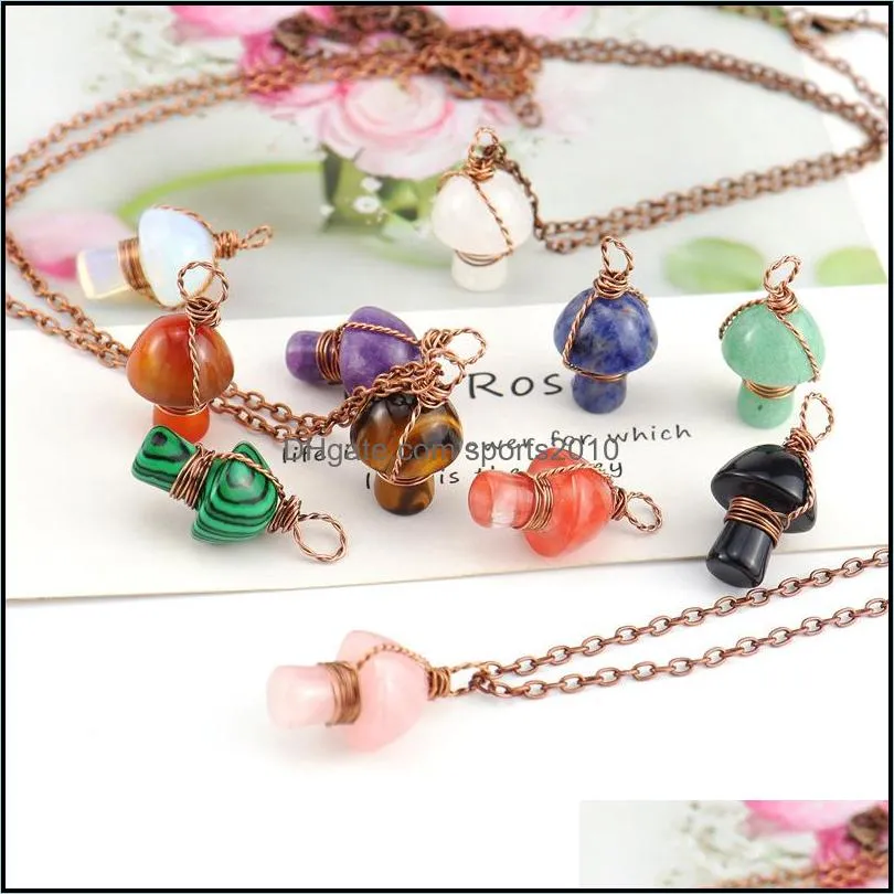 retro wire wrap carving mushroom pendant reiki healing crystal tiger eye rose quartz opal aventurines necklace for women jewelry