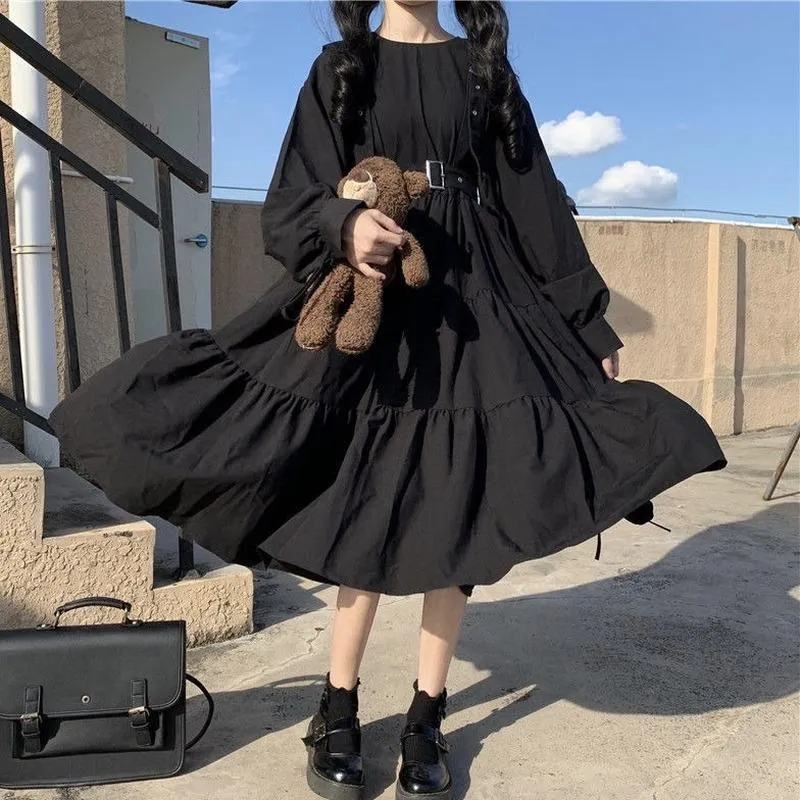 Robes décontractées Robe de style gothique Femmes Harajuku Lolita Kawaii Punk Mignon à manches longues Noir Mi-long Lâche Ruffle 2022Casual