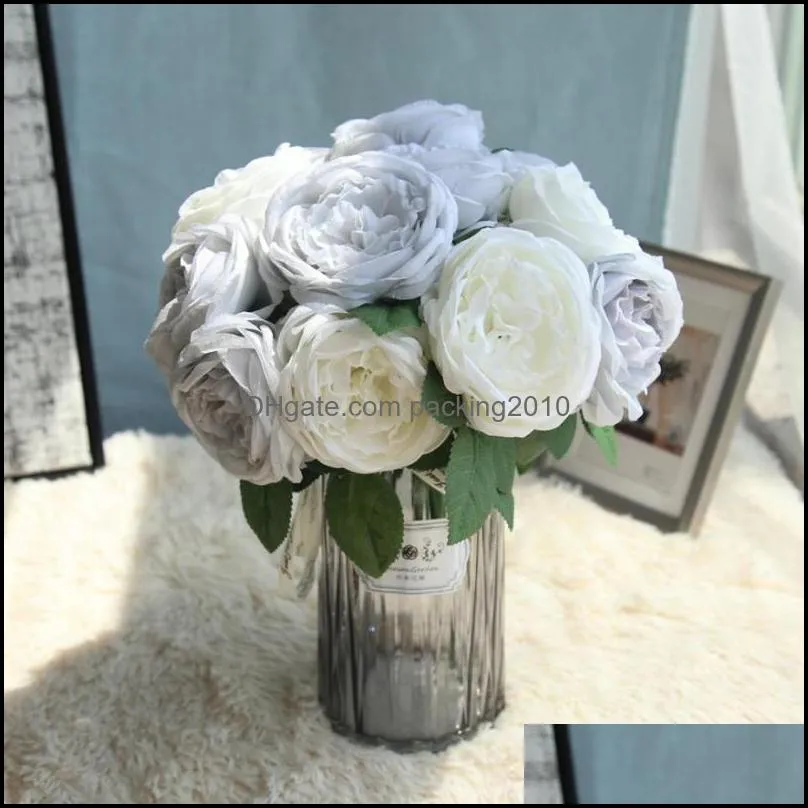 Flores decorativas grinaldas de festa festiva suprimentos home jardim buquê artificial rosa seda 5 flores de folha de folha de folha de folha de folhas de noiva Casamento branco D