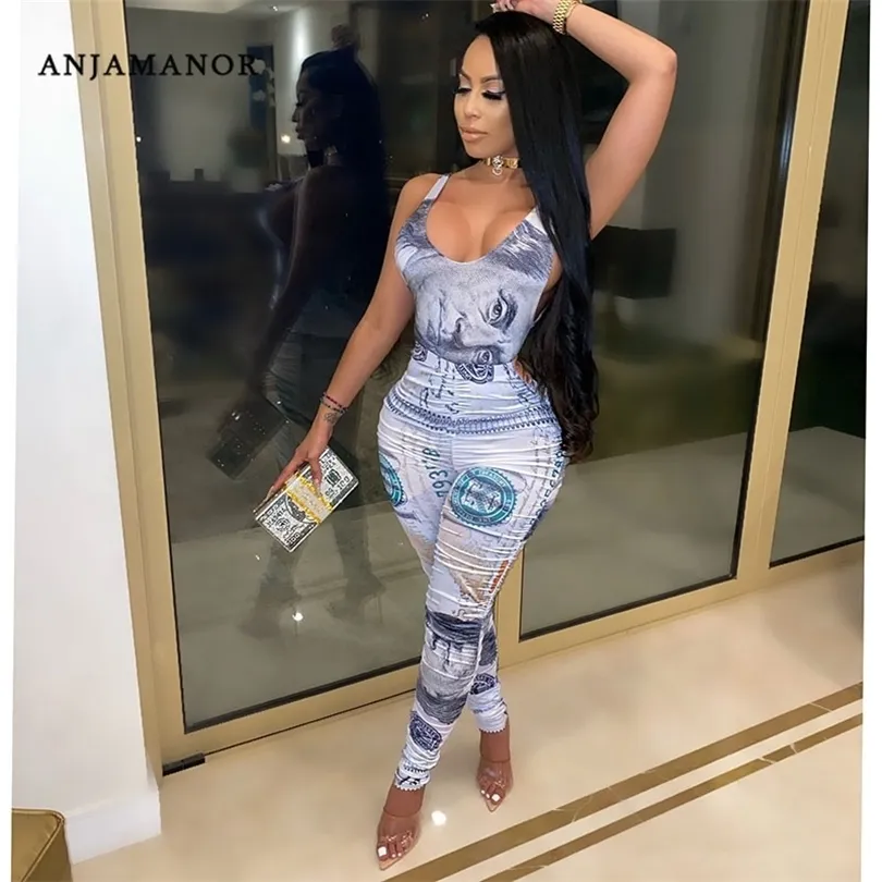 Anjamanor Ladies Permoks Kinse Money Printed Deep v ruched bodycon rompers Падение женщин Сексуальные клубные наряды Dropshipping d6da32 201007