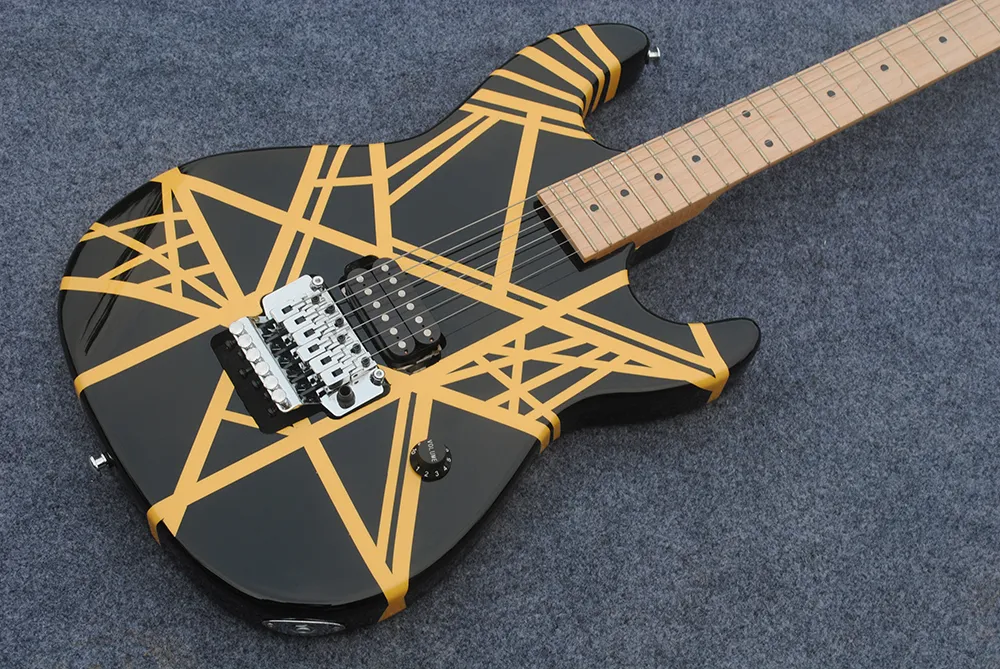 6 Strings Yellow Black Striped Electric Guitar with Floyd Rose Maple Fingerboard