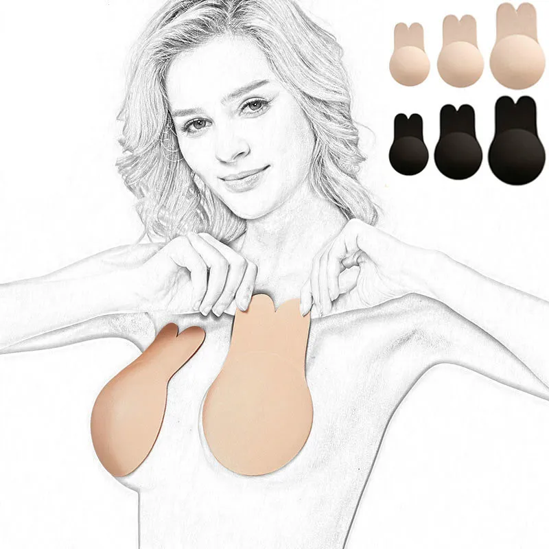 Adesivi copricapezzolo in silicone Stile reggiseno coniglio Gioco per adulti Push Up Giocattoli sexy per donna Lingerie nera senza spalline invisibile