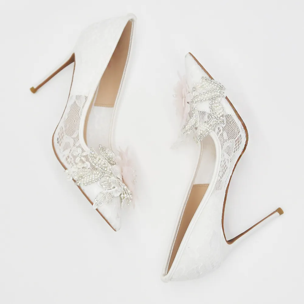 Floral Satin Pearl Wedding Shoes For Bride - Pointed Toe Block Heel Bridal Heels (6cm Or 8cm Heel)