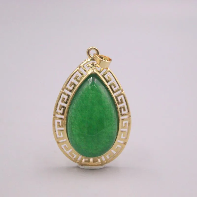 Pendentif Colliers Véritable Jade Plaqué Or 18K Calcédoine Verte Goutte De Pluie Bijoux Alliage Charmes Argent 925 Blé CollierPendentif