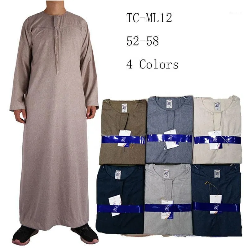 民族衣料品工場卸売イスラム教徒の男性のアラブのローブコットンリネン丸い襟長袖Thobe