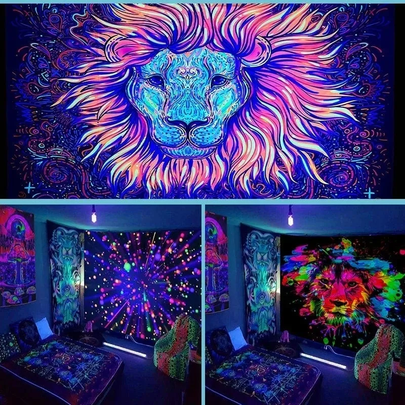Arazzo luminoso da appendere alla parete con sfondo di decorazioni per la casa in tessuto fluorescente con leone stellato