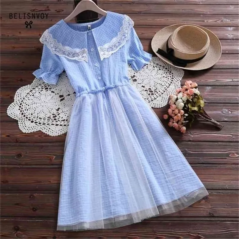 Summer Preppy Style Women Solid Dress Peter Pan Collar With Lace Pink Blue Plaid Short Sleeve Cute Kawaii Tulle 210520