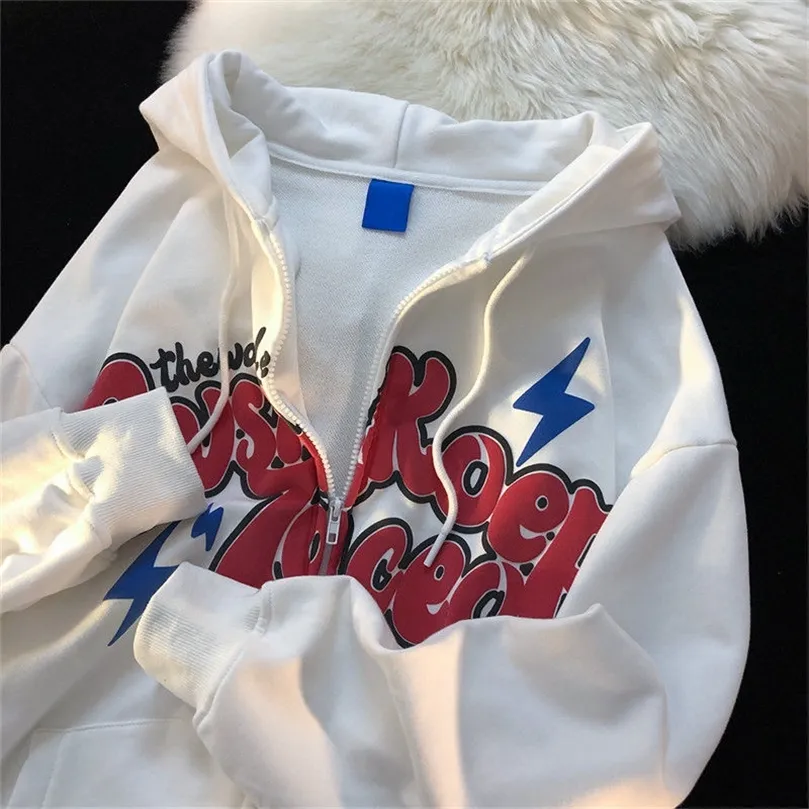 Oversized Retro Streetwear Zip Up Hoodie Letter Printing Sweatshirts Vintage Women Grunge Harajuku Punk Kawaii Y2k Clothes 220816