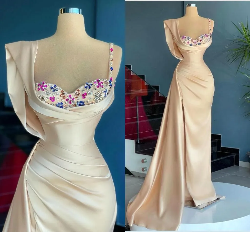 Fantastic Champagne Gold Mermaid Evening Dresses with Crystals Beads Cap Sleeve Pleats Ruffles Long Party Occasion Gowns Prom Dress Wears BC13128