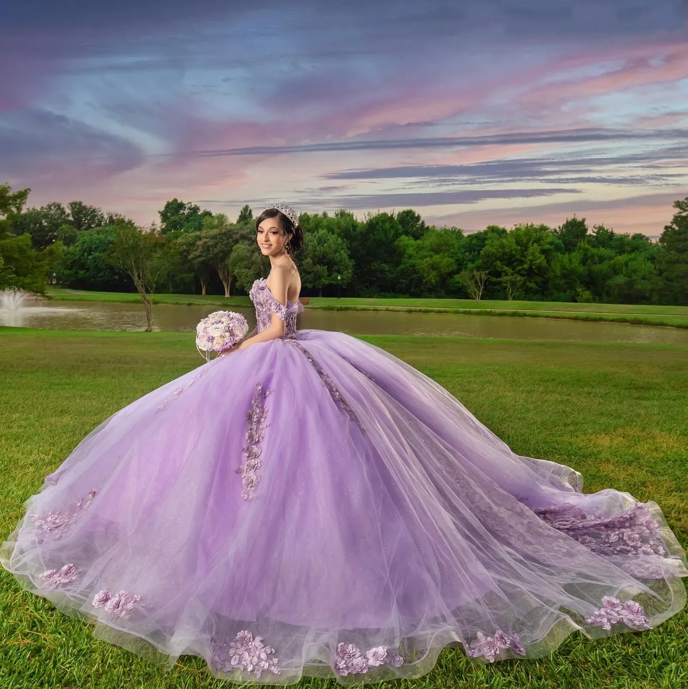 Vestido de fiesta de encaje con cuentas de color lila Vestidos de quincea era Diamantes de imitaci n fuera del hombro Lentejuelas Princesa Vestidos de