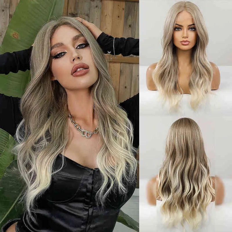 Charmsource Synthetische voorkant Lace Wig Lange golvende pruiken Ombre blond dagelijks voor witte vrouwen hoge dichtheid hittebestendig haar 220622