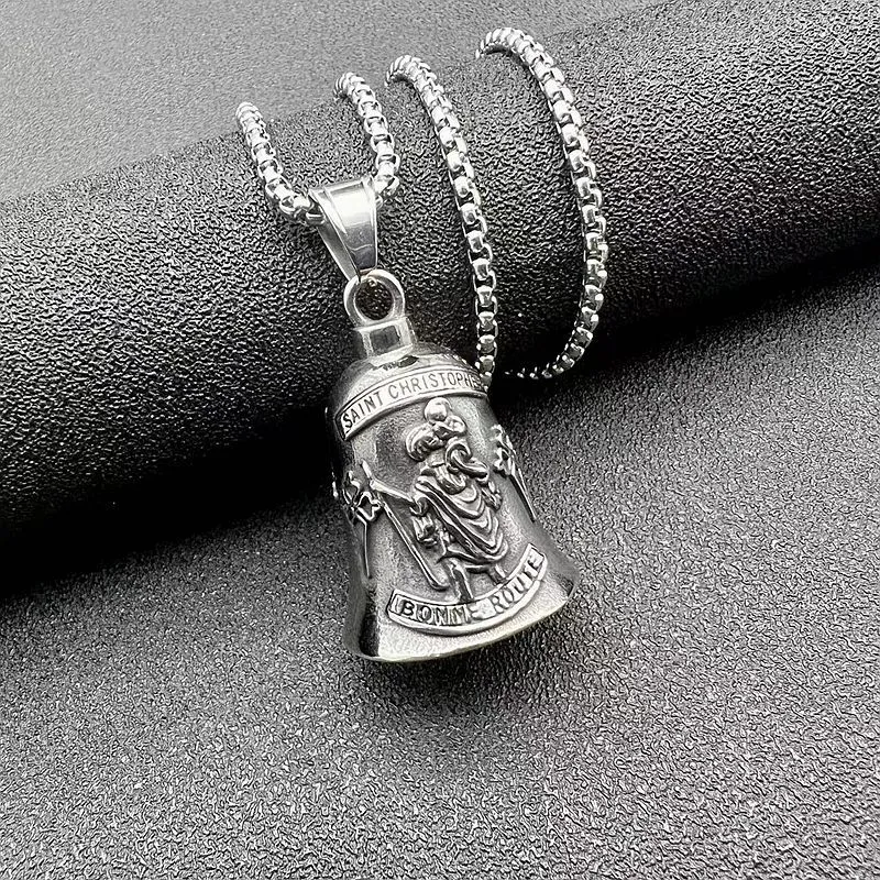 Retro Antique Silver Motorcycle Biker Bell Pendant Gothic Punk Stainless steel Catholic Saints Jesus Shepherd Christian Jewelry Necklace Charms For Men