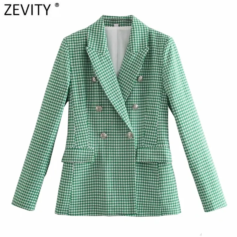 Zevity mujeres Vintage verde rosa Houndstooth Plaid estampado Blazer abrigo Oficina señoras doble botonadura prendas de vestir exteriores Chic Slim Tops CT726 220402