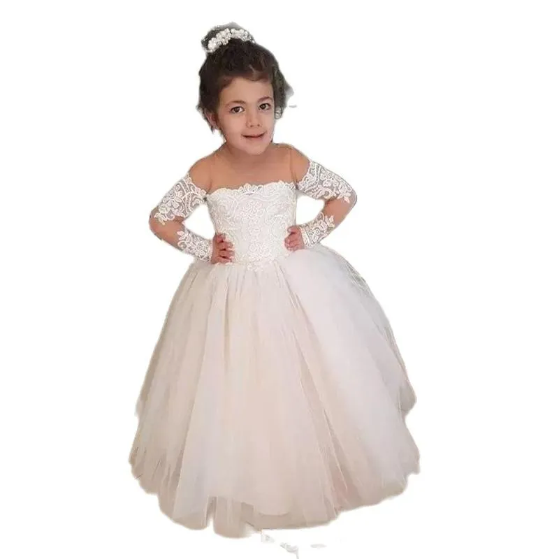 Girl's Dresses Cute Flower Girls Sheer Jewel Neck Cap Long Sleeves Tulle Lace Appliques Princess Ball Gown Party Birthday PagGirl's