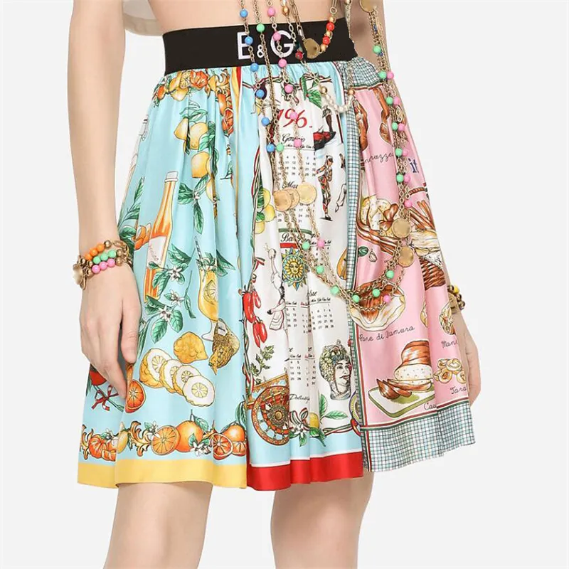 2022 Womens Brand Multicolor A-Line Miini Skirts Sexy Dresses With Vintage Letter Pattern Female Milan Runway High End Custom Long Pleated Hotty Hot Designer Skirt