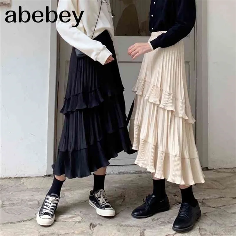 Black Beige Fashion Korean Ruffle Midi Long A-line Skirt Women Casual Spring Summer High Waist Irregular All-match Skirts Female 210331