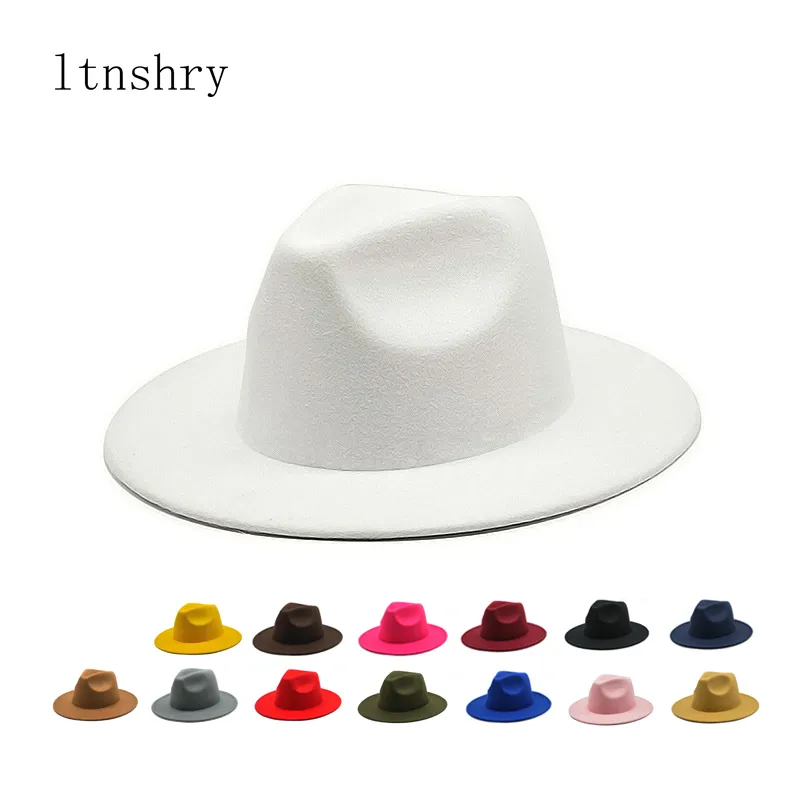 Autumn Winter Womens Felt Hat Fedoras Big Brim Hats For Women British Style Vintage Church Hats Lady Flat Brim White jazz cap 220506