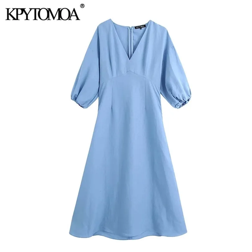 kpytomoa 여자 우아한 패션 퍼프 슬리브 미디 드레스 빈티지 V 넥 백 지퍼 여자 드레스 세련