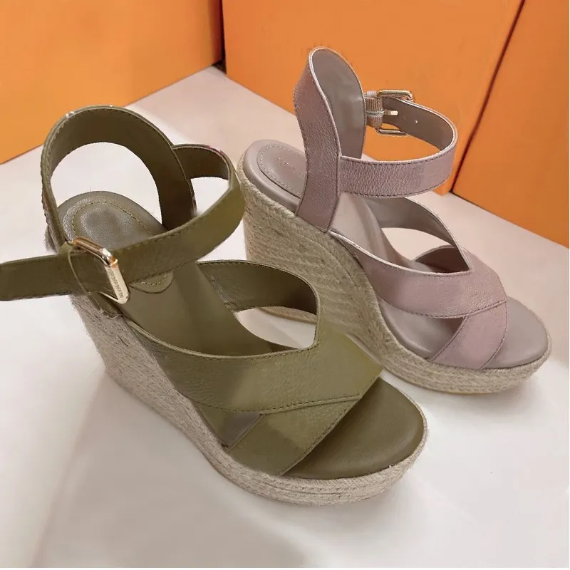 Beach High heels Summer fashion Casual Sandals Straw Thick bottom designer Shoe 100% leather Wedges Belt buckle Women Shoes lady cowhide letter Work SHoes size 35-41