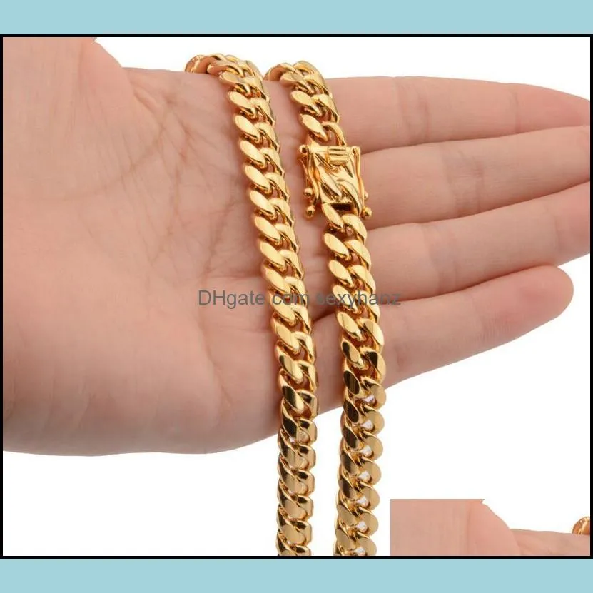 Stainless Steel Chains 18K Gold Plated High Polished  Cuban Link Necklace Men Punk 14mm Curb Chain Double Safety Clasp