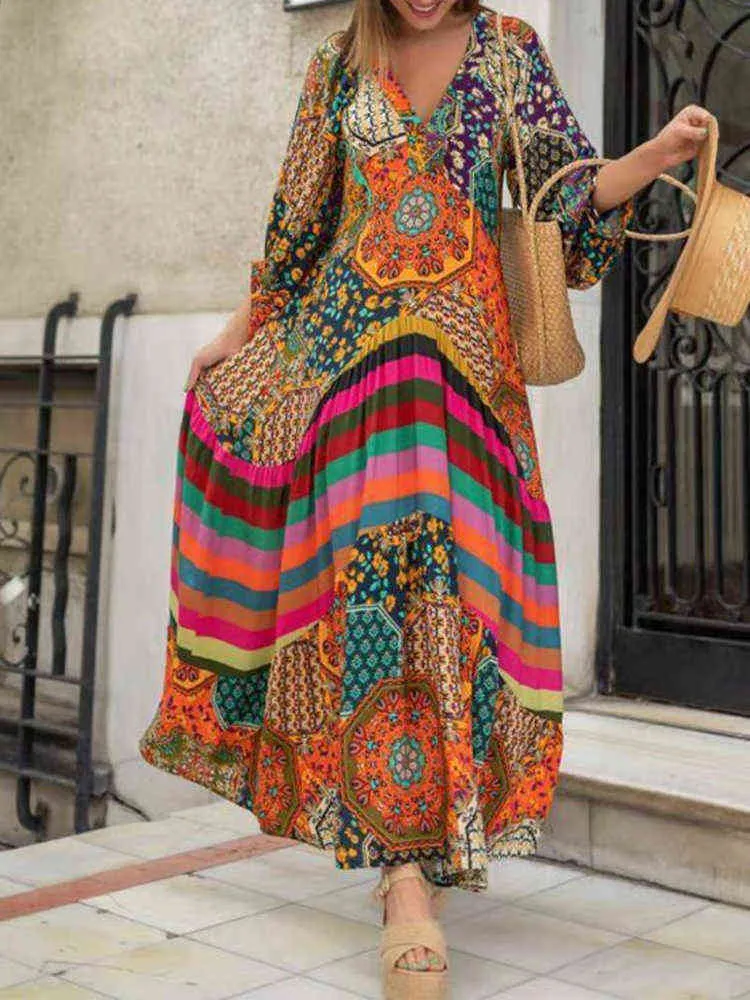 Retro Ethnic Print Dress new Spring And Summer Half-sleeve Casual Dress Ladies Sexy V-neck Stitching Pleated Drape Maxi Dress T220804