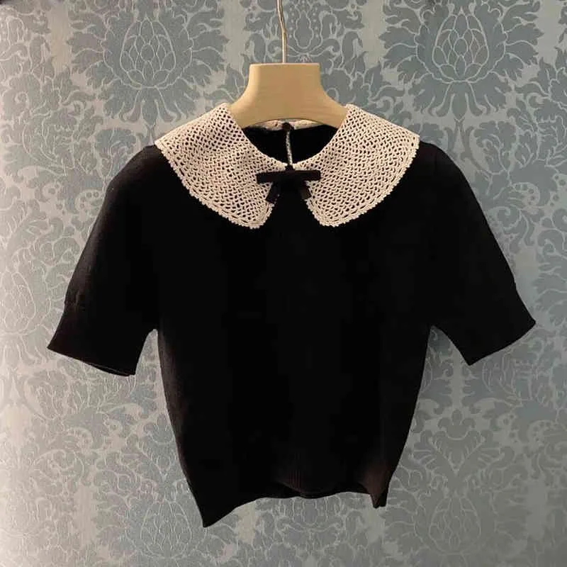 Zwarte trui met korte mouwen uitgehold bloemenhaakpopkraag top slanke montage dun bodem shirt lente zomer