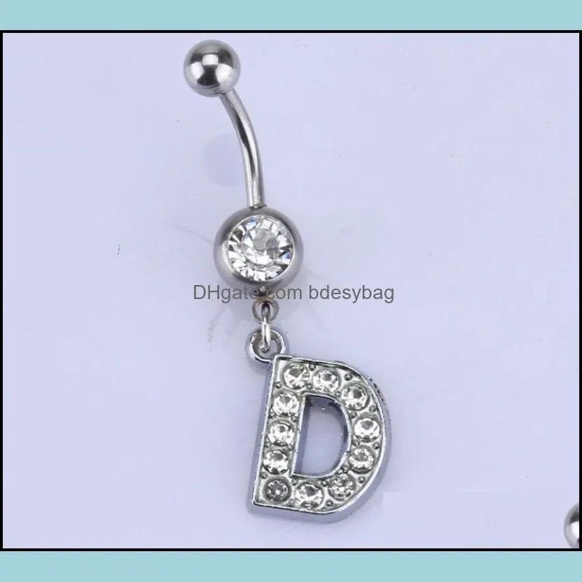 26 letter style Charming Body Piercing Crystal Rhinestone Inlaid Navel Belly Button Ring stainless steel Jewelry