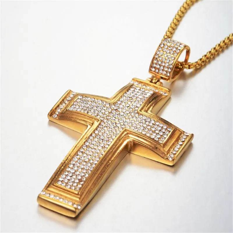 Collares colgantes Cruz grande Macho Color oro Acero inoxidable Micro Pave CZ Jesús Collar para hombres Hip Hop Iced Out JewelryPendant