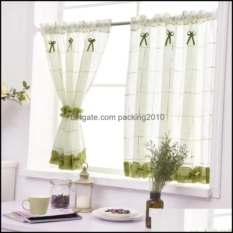 2pcs Simple Pastoral Style Kitchen Curtain High Quality Linen Cloth Curtain with Green Lace Rod Pocket for Window/door