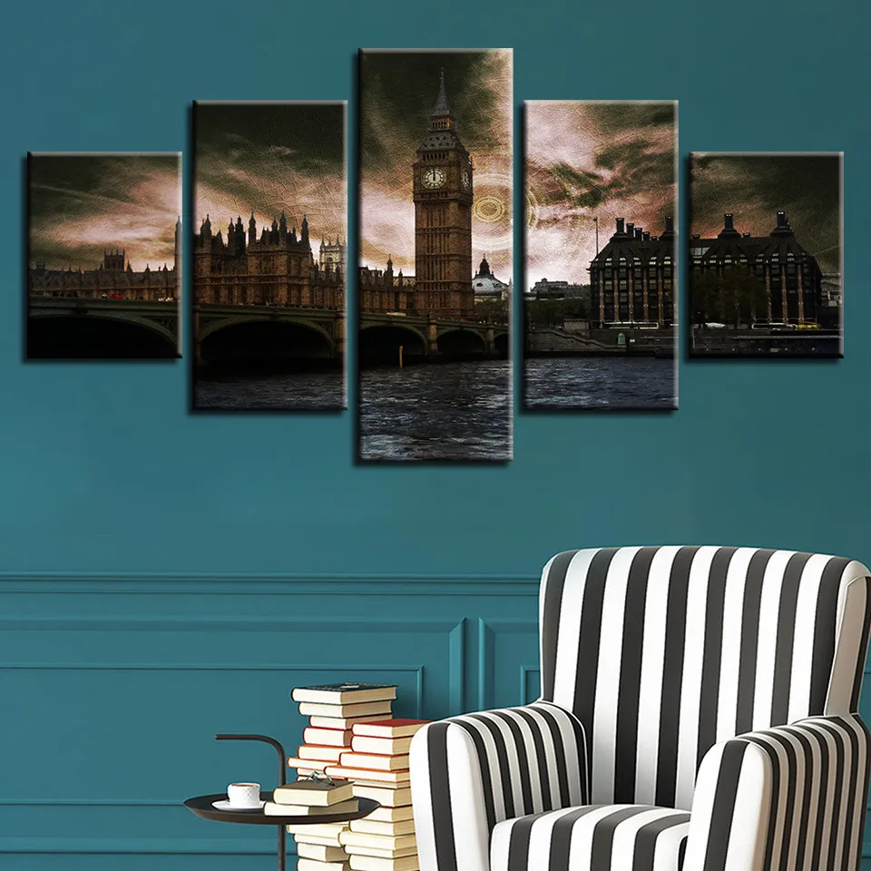 Muurkunst Vintage London Clock Tower Seal Foto's 5 Stuks Kunstschilderijen Canvas HD Prints Posters Home DecorGeen frame