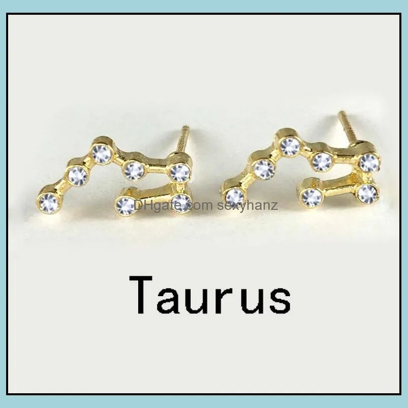 12 Constellations Metal Diamonds Stud Earrings Silver Gold Zodiac Sign Earring Jewelry with Gift Card Wholesale