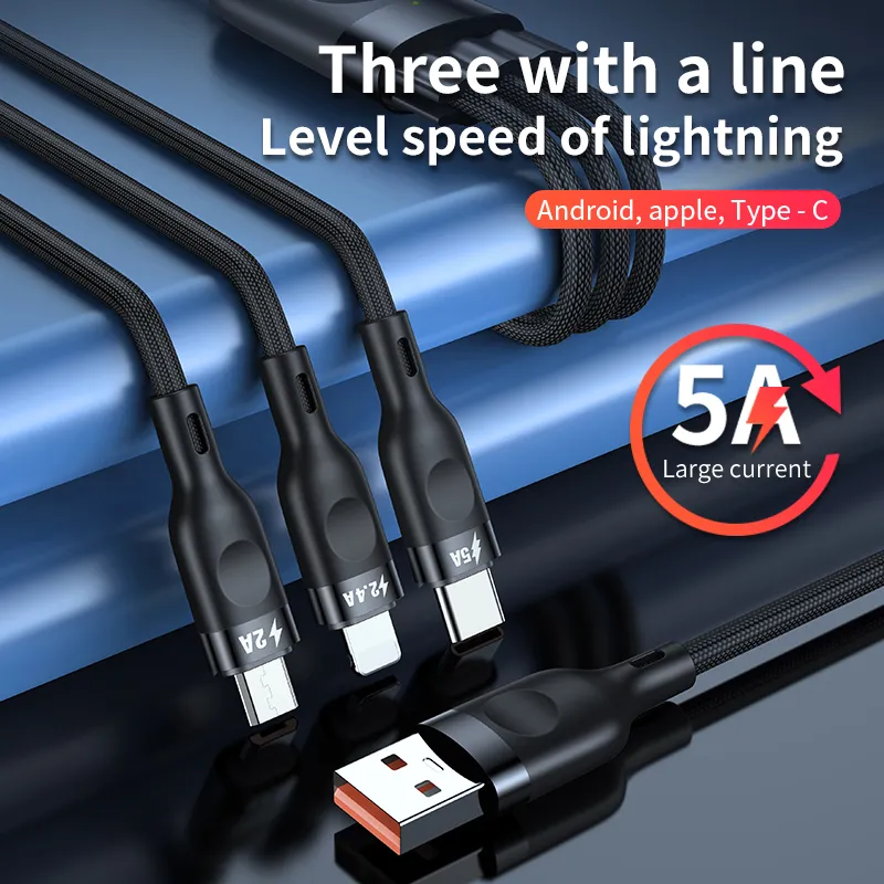 66W Three in One Fast charging braided data Cables for Phone Accessories Six core white flame retardant PCV twist yarn Works with All mobile phone