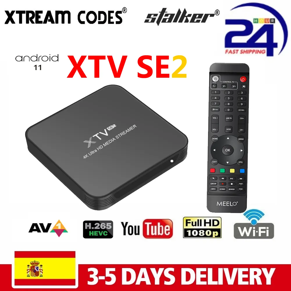 スペインの倉庫からの出荷、Xtream Codes meelo xtv se2 liteスマートテレビボックスamlogic s905w2 2gb 16gb android 11 2.4g/5g YouTubeメディアプレーヤーセットトップボックスXTVPro