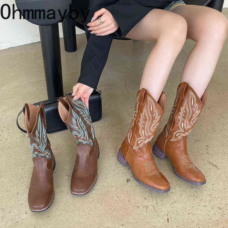 Western Cowboy Boots Fashion V Mouth Brodery Knee-High Booties Square Heel Female Knight Long Boots Winter 2022 Women's Shoes Y220729