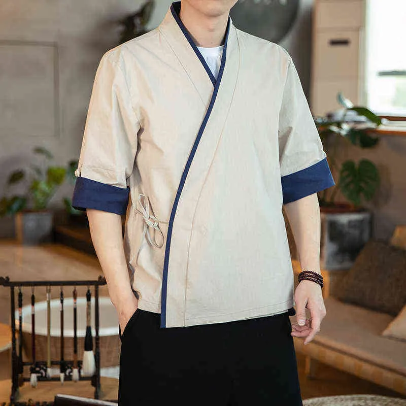 2022 stile cinese retrò fasciatura camicie uomo Hanfu cotone lino mezza manica camicia patchwork top uomo vintage lace up cardigan L220706