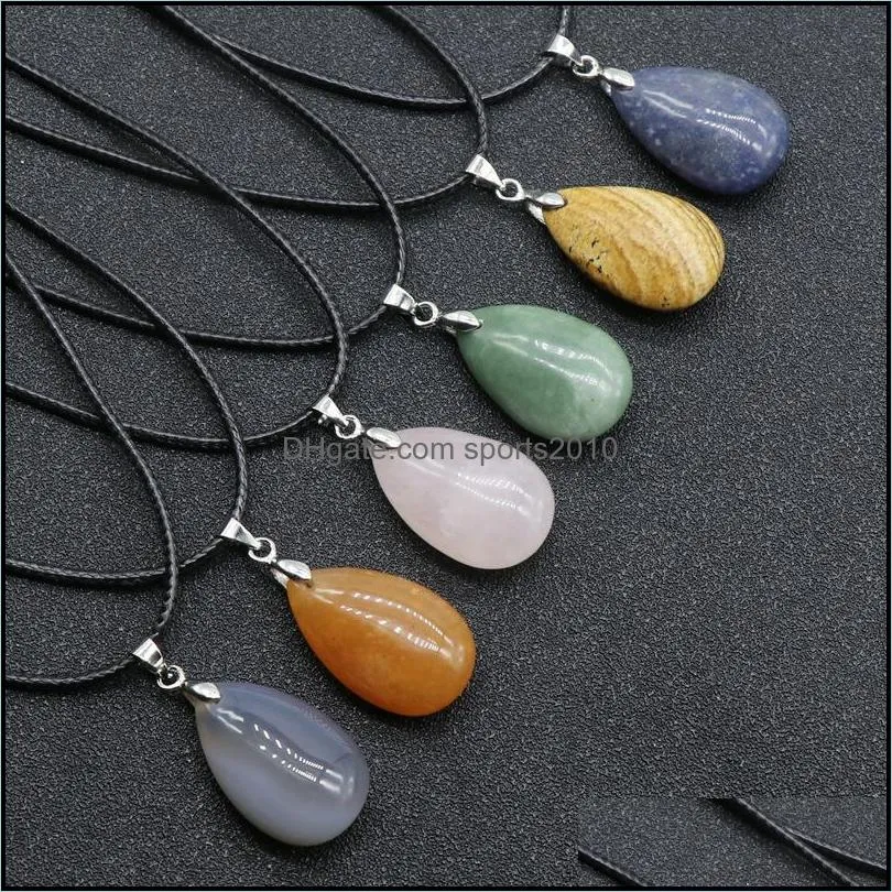 natural stone flat waterdrop shape pendant necklace jade quartz healing crystal rope chain collar for women fashion jewelry