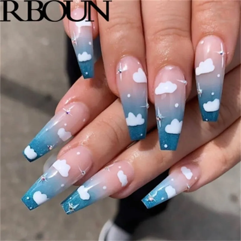 24 -stks afneembare lange kist onwaar met ontwerpen druk op S Blue Sky Ballerina Wearable Fake Full Cover Nail Tips 220630