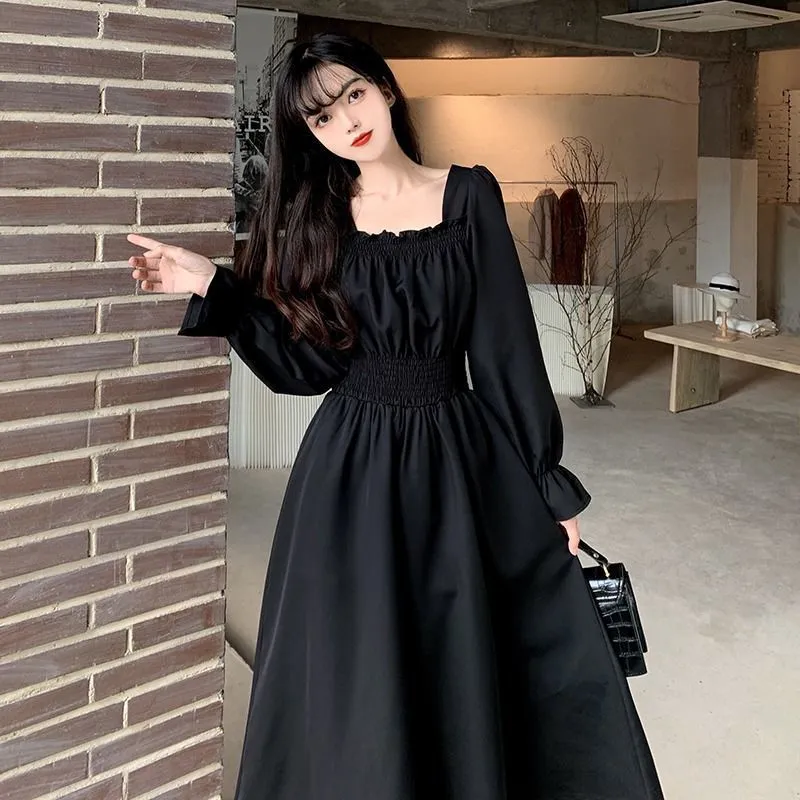 QWEEK Vintage Black Dress Women French Elegant Square Collar Long Sleeve Midi Dress Autumn Ladies Retro Clothes Chic Korean 220316 From Dou01 13.96 DHgate.Com