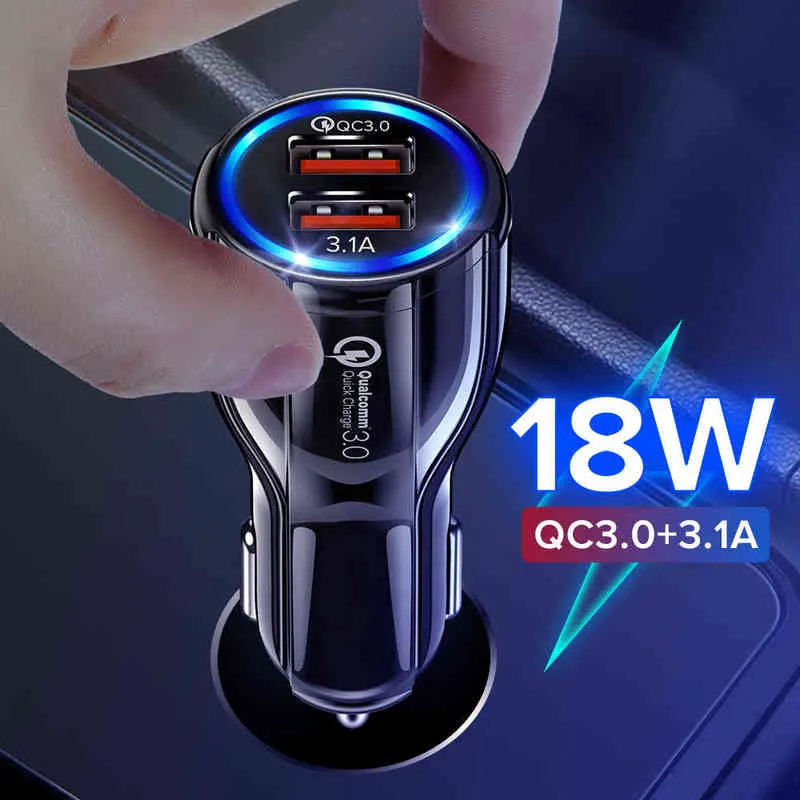 GETIHU 18W Dual USB Car Charger LED Fast QC Ricarica Spina di ricarica del telefono per iPhone 13 12 iPad Airpods Huawei Samsung Xiaomi 11 LG W220328