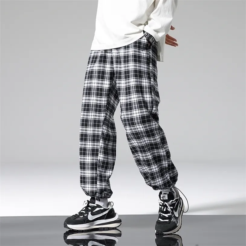 Lato Plaid Casual Spodnie Mężczyźni Luźne Hip Hop Spodnie Koreański Mężczyzna Harem Oversized Joggers na Moda Streetwear 220325