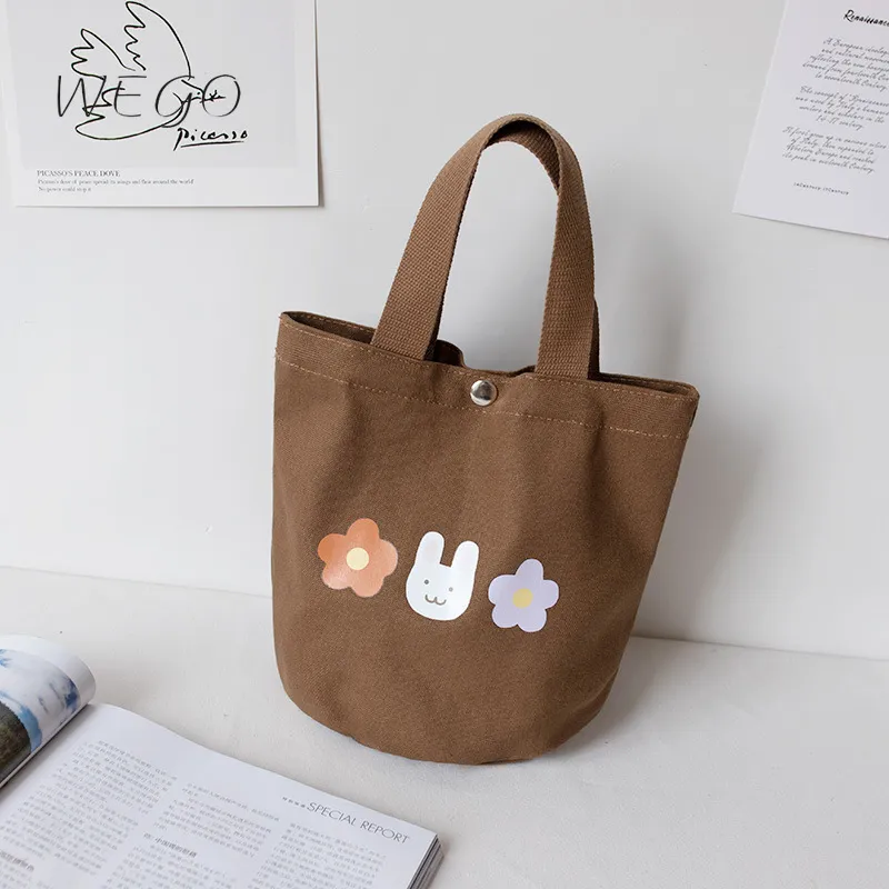 Lunch Bags Hand Bucket Candy Color Female Canvas Bag Korean Fashion Student Lunch Box Bento Bag Bucket Carry Small Bag