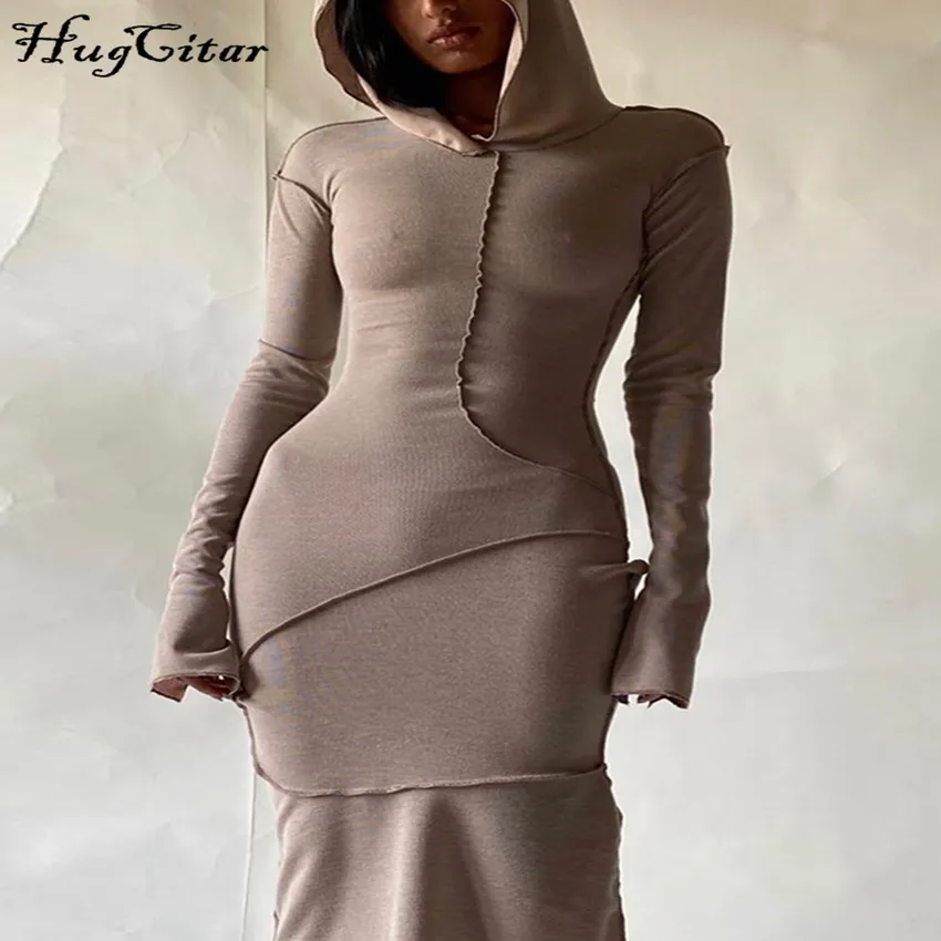 Hugcitar – robe Maxi à capuche, manches longues, Patchwork, slim, mode femme, Streetwear, tenues décontractées, automne hiver