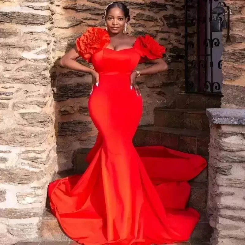 Plus Size Africano Sereia Vestidos de baile de Prom Overskes Gorgeous 3D Flores Coral Mulheres Formal Evening Party Wasses Long Court Train Trem Cetim Simples Vestidos de Festa